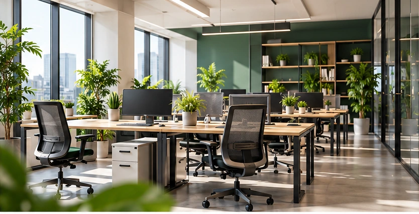 Plateau de bureaux aménagé avec du mobilier de seconde vie