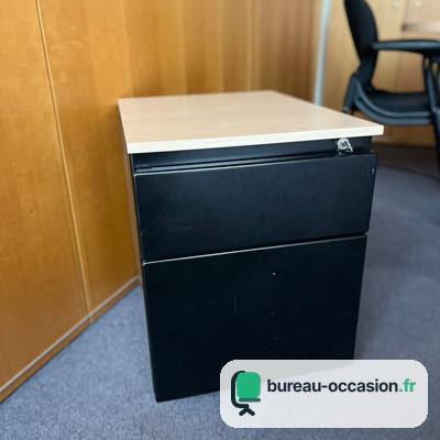 Caisson de bureau d'occasion métal noir, dessus bois, 2 tiroirs
