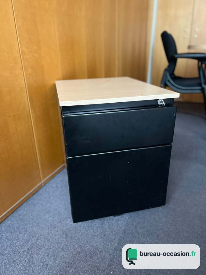 Caisson de bureau d'occasion métal noir, dessus bois, 2 tiroirs