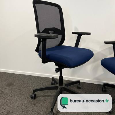 Fauteuil ergonomique d'occasion : dossier résille noir, assise bleue