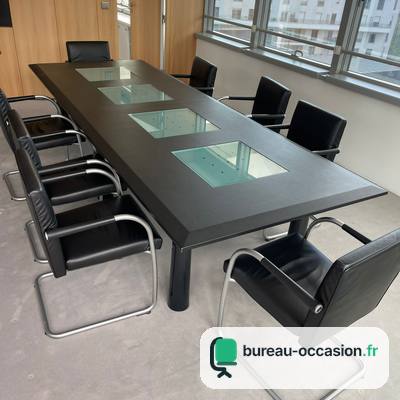 Table de réunion design d'occasion noire : inserts en verre, 8 à 10 places