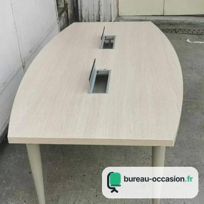 Table de réunion tonneau d'occasion chêne blanchi : 2 trappes câbles