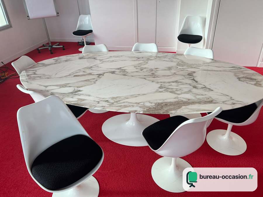 Table ovale d'occasion effet marbre : pied tulipe blanc, 8 à 10 places