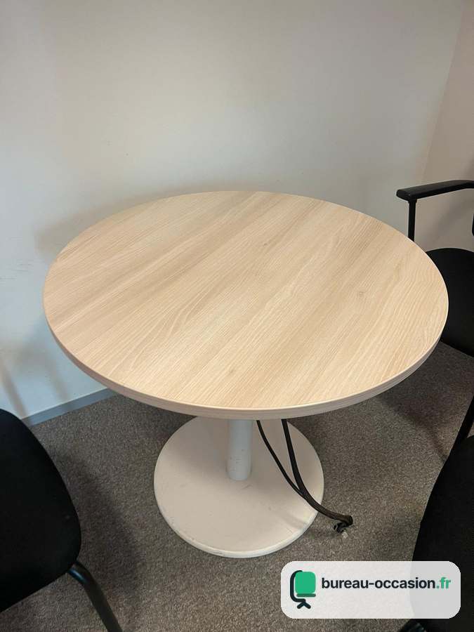 Table ronde d'occasion bois clair : pied central blanc, 4 places