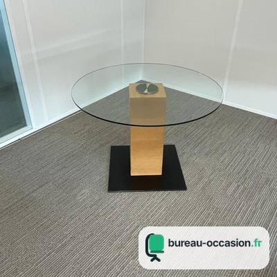 Table ronde d'occasion : plateau verre sur colonne bois
