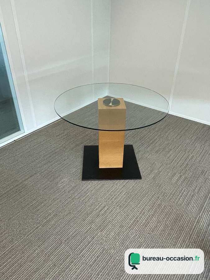 Table ronde d'occasion : plateau verre sur colonne bois